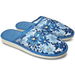 Pantofle damskie Meteor (Natural Style) NS-026 STASIA niebieskie w kwiaty